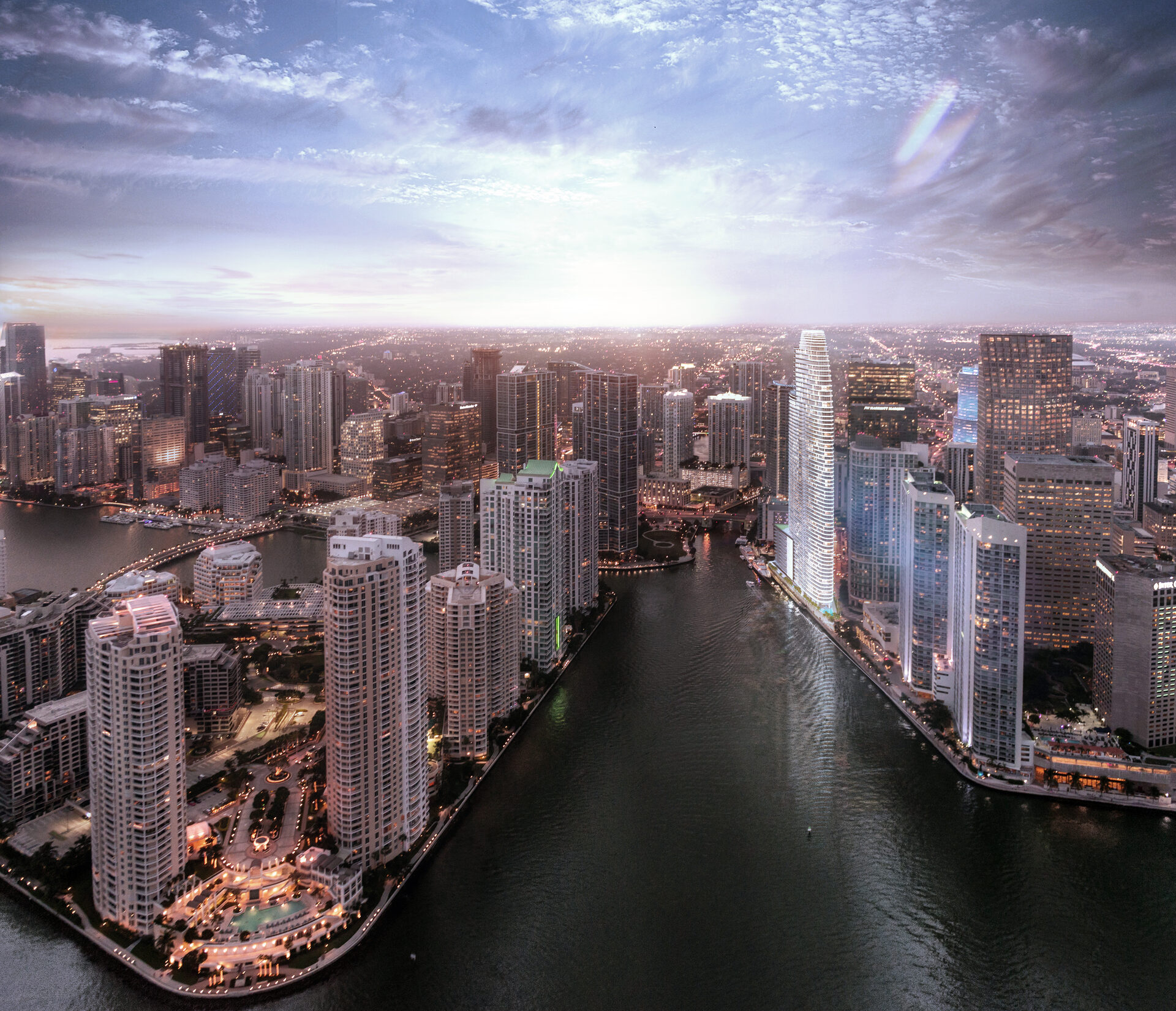 Aerial view of Aston Martin Residences and Biscayne Bay